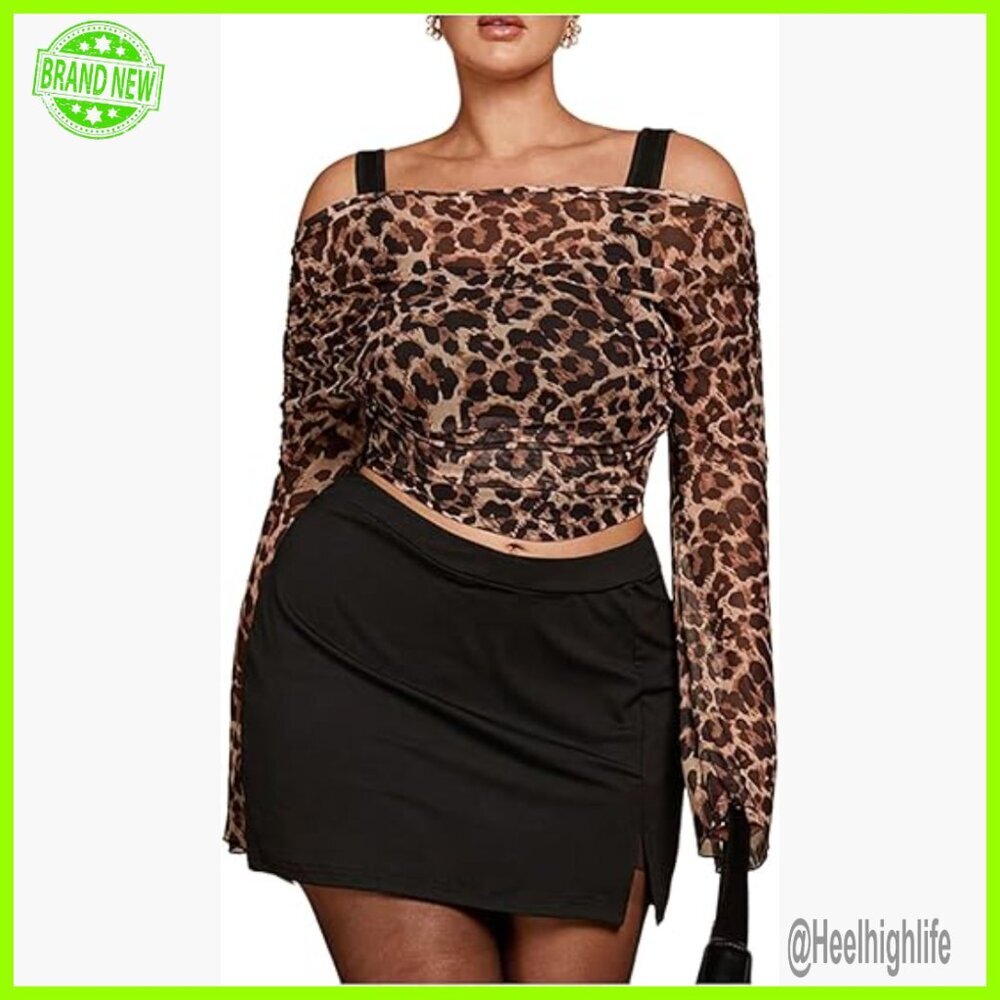 Plus Size Off Shoulder Mesh T-Shirt Long Sleeve Ruched Cropped Top